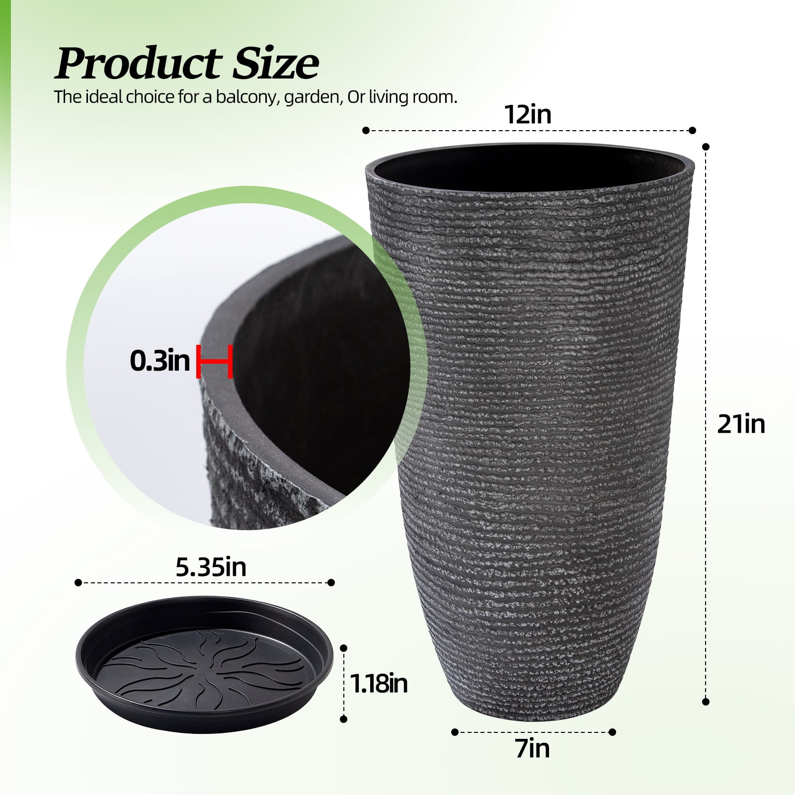 QCQHDU 21 inch Tall Planters with Saucer,2 Pack 9 Gallon Stone Round Pots for Indoor Plants,Outdoor Patio & Porch Decor, Heavy Duty Weatherproof Plant Containers,Dark Gray