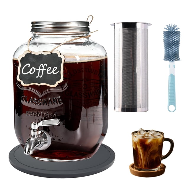 Cold Brew Coffee Maker With Silicone Mat, Cold Brew Pitcher,1 Gallon Glass Pitcher With Stainless Steel Filter,304 Stainless Steel Leak-Proof Spigot,
