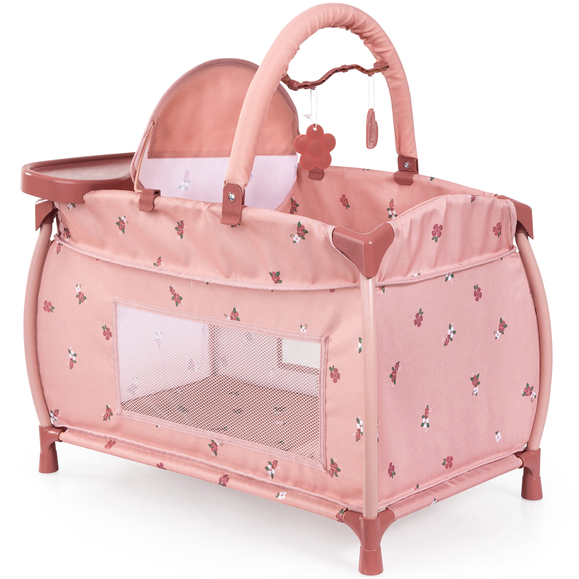 Bayer Design: Doll Multi-Bed - Pink & Flowers - Sleep Playpen, Built-In Feeding Highchair, Pillow-Blanket-Mobile, Care Center Fits 18" Dolls, Kids 3+