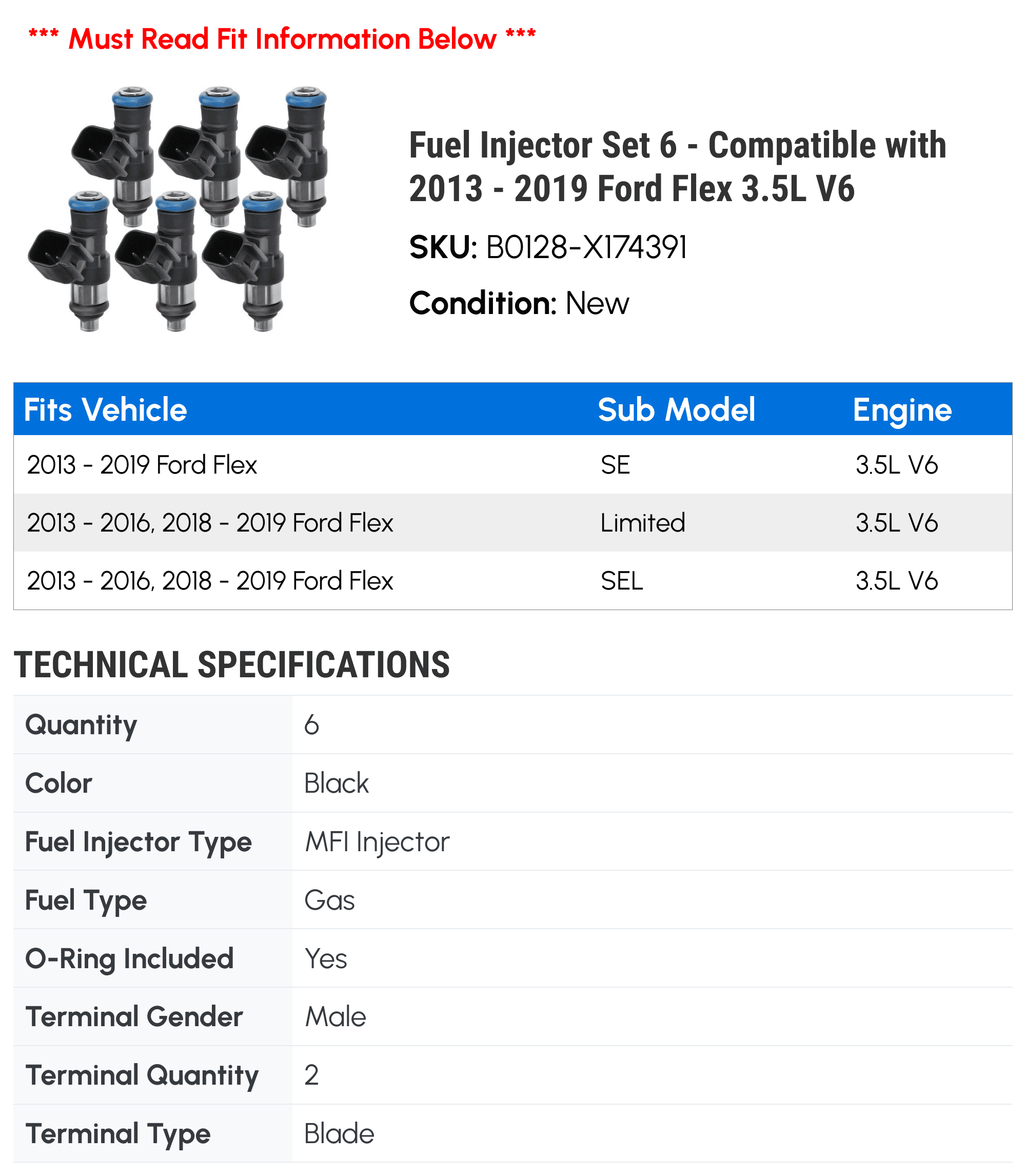 Fuel Injector Set 6 - Compatible with 2013 - 2019 Ford Flex 3.5L V6 - Autopart Premium