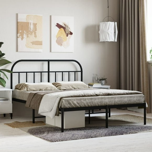 vidaXL Metal Bed Frame with Headboard Black 135x190 cm Double