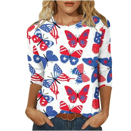 Patlollav 3/4 Length Sleeve Womens Tops Independence Day Print Loose Fit Crewneck T Shirts Three Quarter Length Tunic Tops