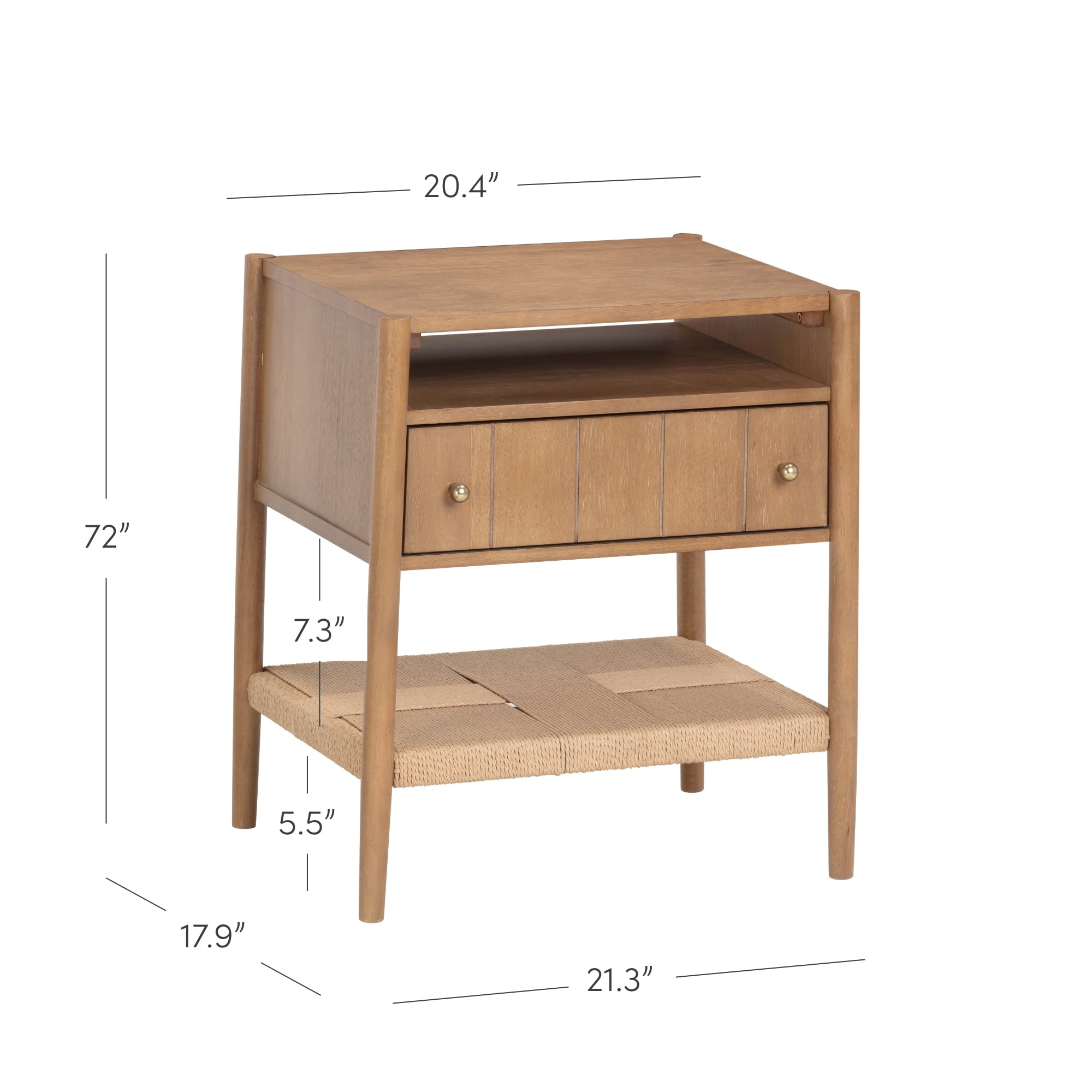 Nathan James Meads Wood Nightstand with Drawer, Vintage Nightstand with Seagrass Storage and Brass Handles, Light Brown