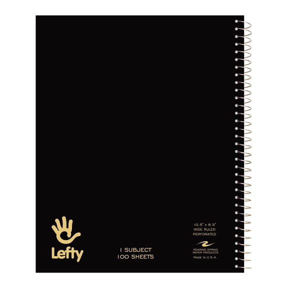 Spiral Notebook for Left Handed Users, One Subject Wide Ruled Paper, 100 Sheets 8.5 x 10.5 Inches, Micro Perforated Pages, Black Cover