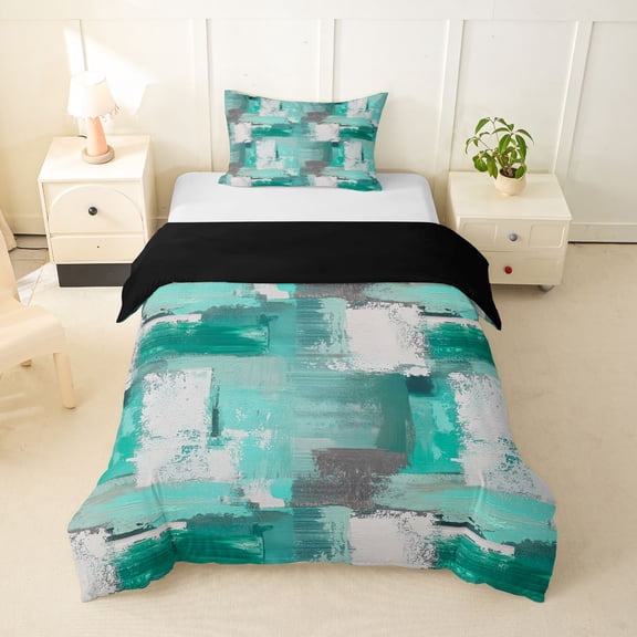 Homewish Green Abstract Plaid Twin Duvet Cover,Classic Aesthetic Twin Bedding,Black Reversible,2-Piece,1 Duvet Cover and 1 Pillowcase