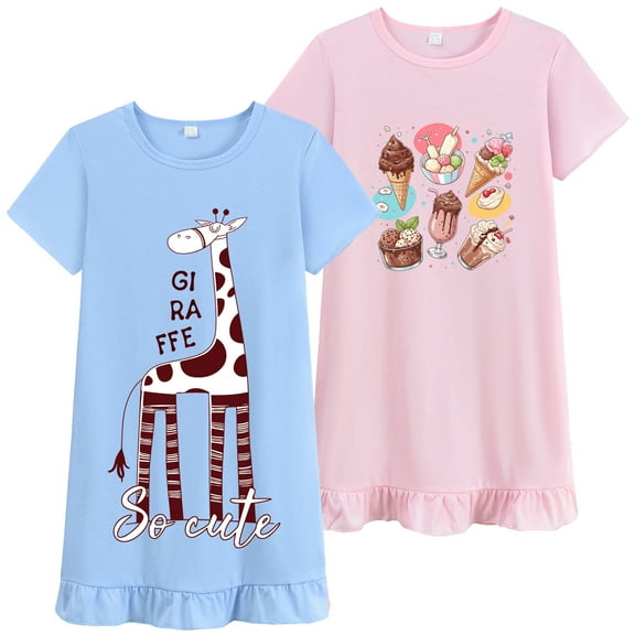 FEDPOP Little Girl Nightgown Dresses 2-Pieces Summer Cotton Sleepshirts for Kids 7-8Y