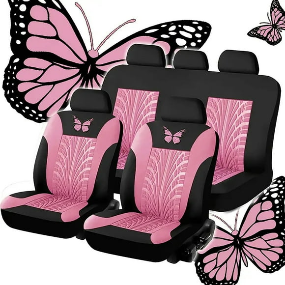 Cagogo Universal Car Seat Covers Full Set, Embroidered Butterfly Pattern Car Seat Covers for Cars Trucks SUVs, Non Slip Rubber Backing Car Seat Protectors, 5 Seat 9 Piece Car Interior Accessories