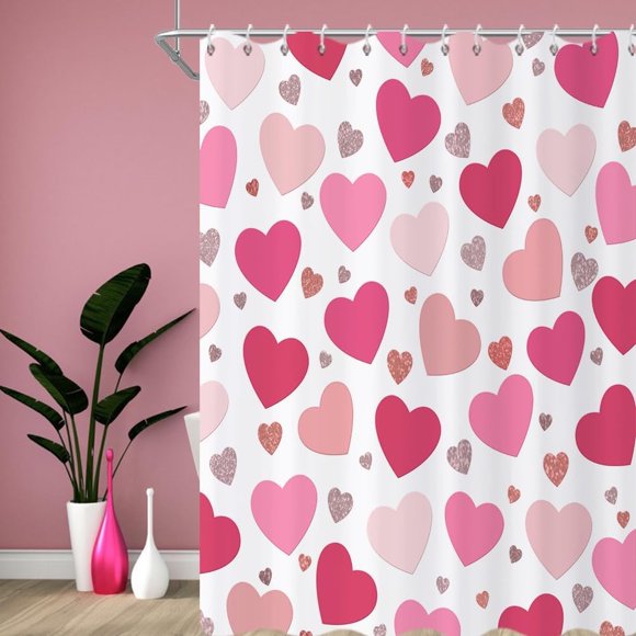 Rideau de Douche Saint-Valentin, Rose Cœur d'Amour Doux Romantique Rideau de Salle de Bain Girly Tissu Imperméable Lavable en Machine avec Crochets, 72 Pouces Lx84 L