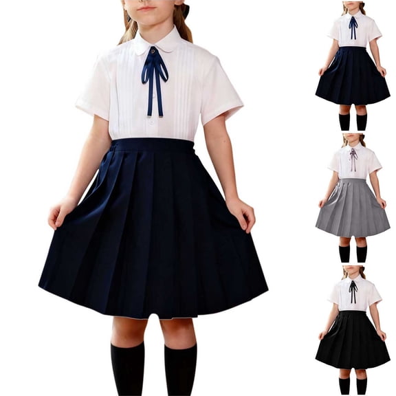 Eltusu Girls School Uniform Sets, Casual Lapel Collar Short Sleeve Shirts Skirts and Tie Sets Navy Size 10-12 T