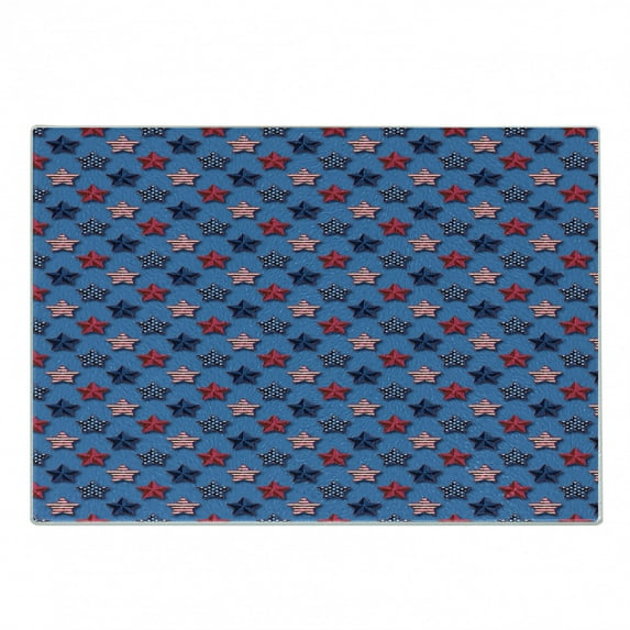 4th of July Cutting Board, Stars with American Flag Pattern Stripes with Halftone Shadows, Decorative Tempered Glass Cutting and Serving Board, Small Size, Azure Blue Magenta, by Ambesonne