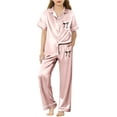 thumbnail image 2 of Kids Valentines Pajamas Girls Silk Satin Pajamas Set 2 Piece Button Down Bow Short Sleeve Top Pants Sleepwear Set Nightwear Summer Fall Baby Clothes New Year Birthday Gifts 3-14Y Light Pink,110=3-4Y, 2 of 4