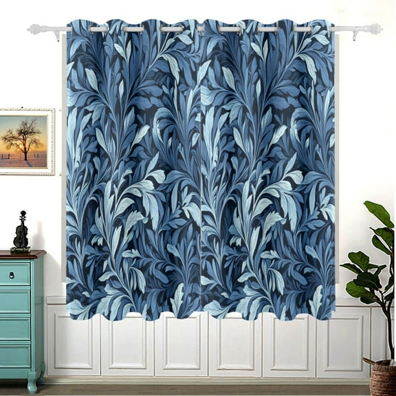 Indigo Leaf Art Prints Blackout Curtains for Living Room Bedroom 55W x 63L Insulated Window Drapes 2 Panels