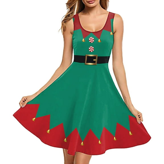 Womens Christmas Elf Dress Sleeveless Green Christmas Dress A-line Dresses Christmas Party Outfit Women Christmas Dress
