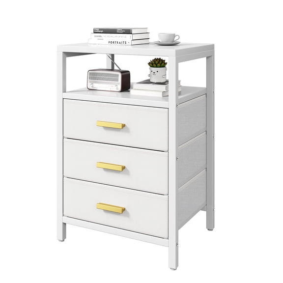 Night Stand with 3 Fabric Drawers, Modern End Table Double Shelf Storage, Foldable Drawers for Clothes Toys, Sturdy Metal Frame for Bedroom Living Room Office