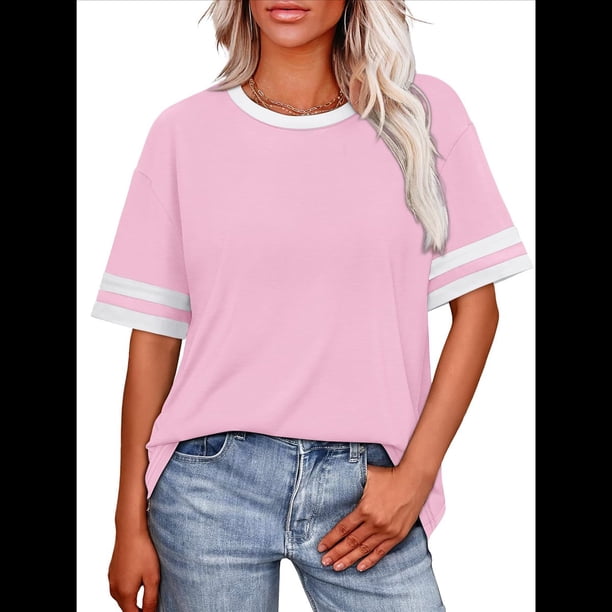 Camisetas de Mujer, Corte Holgado, Corta, Cuello Redondo, Bloques de Color, Moda de Verano 2025 Rosa M