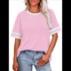 thumbnail image 1 of Camisetas de Mujer, Corte Holgado, Corta, Cuello Redondo, Bloques de Color, Moda de Verano 2025 Rosa M, 1 of 8