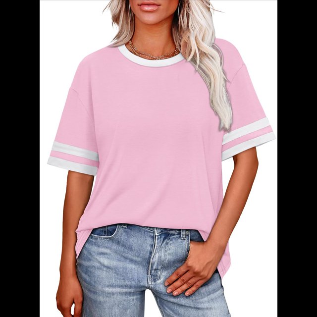Camisetas de Mujer, Corte Holgado, Corta, Cuello Redondo, Bloques de Color, Moda de Verano 2025 Rosa M