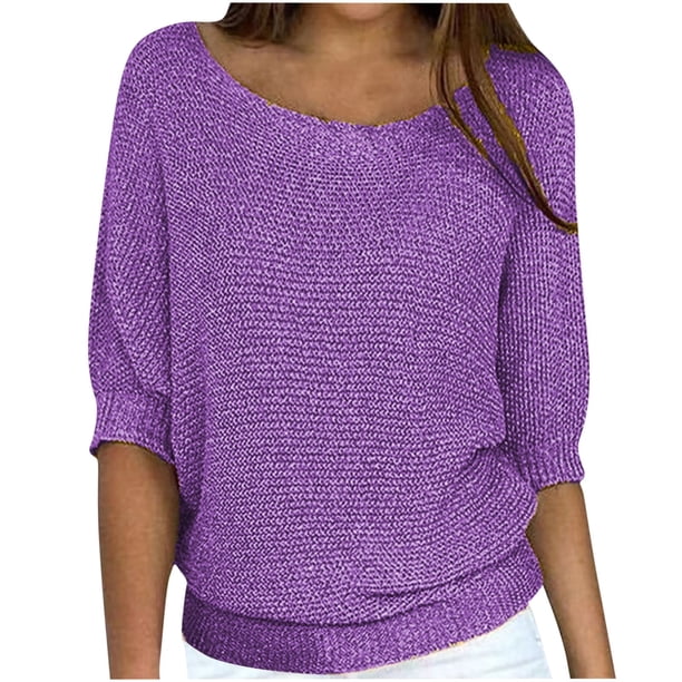 Suéteres Umfun para mujer, sueltos, informales, de punto, lisos, estampados, cuello redondo, manga 3/4, suaves al tacto, ligeros, morados, talla 2XL
