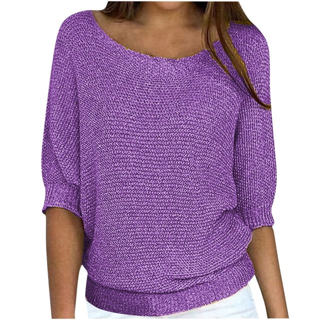 Suéteres Umfun para mujer, sueltos, informales, de punto, lisos, estampados, cuello redondo, manga 3/4, suaves al tacto, ligeros, morados, talla 5XL