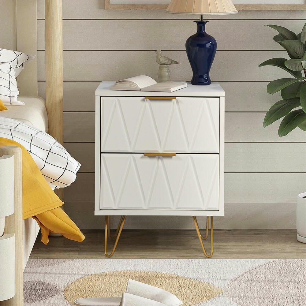 GVN Nightstand, Bedside Table,White Nightstand Set of 2 with Gold Handle, Bedside Table with 2 Drawers & Gold Legs for Bedroom Living Room