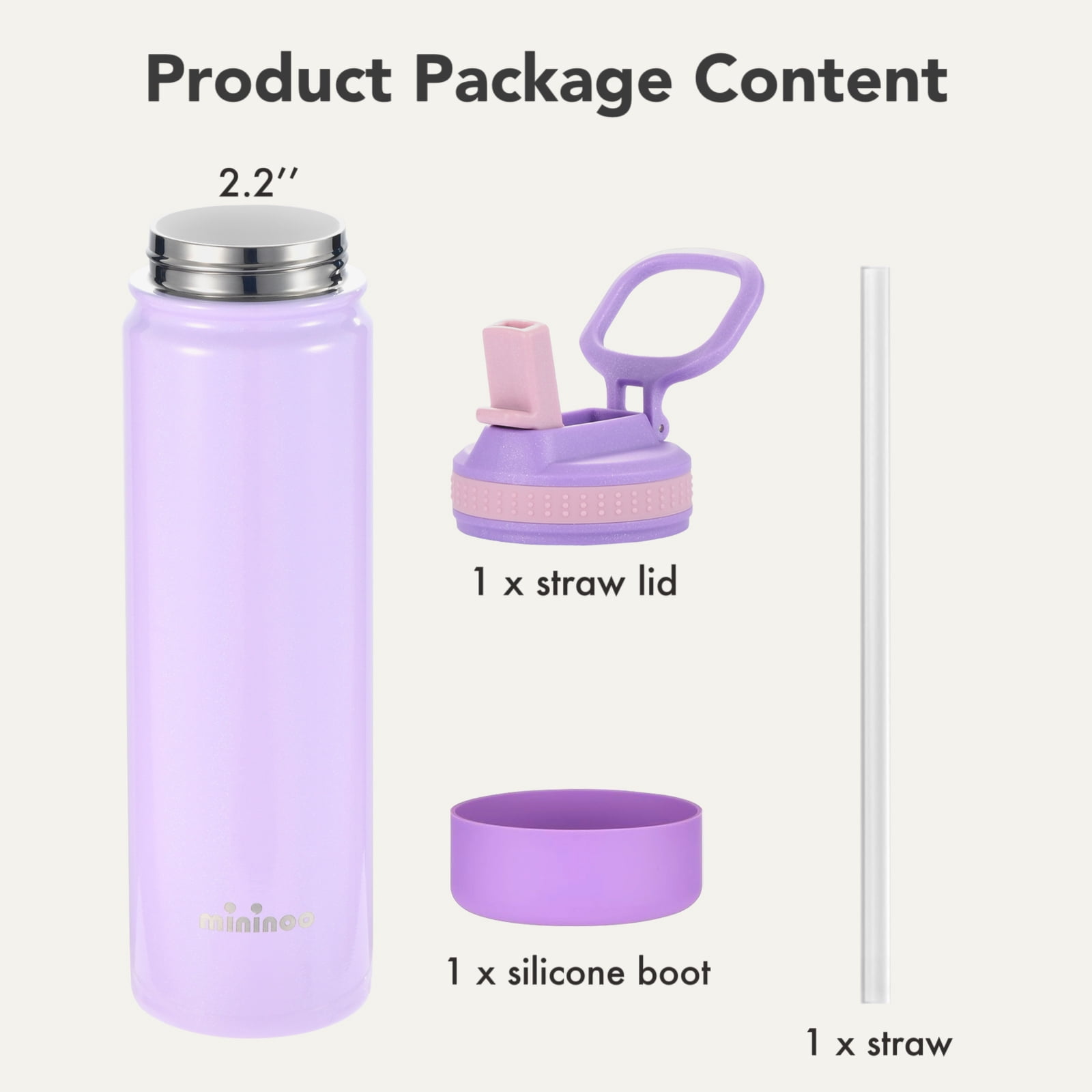Mininoo 24 oz Insulated Stainless Steel Water Bottle with Straw Lid, Ceramic-Lined, BPA-Free, Sparkling Lavender
