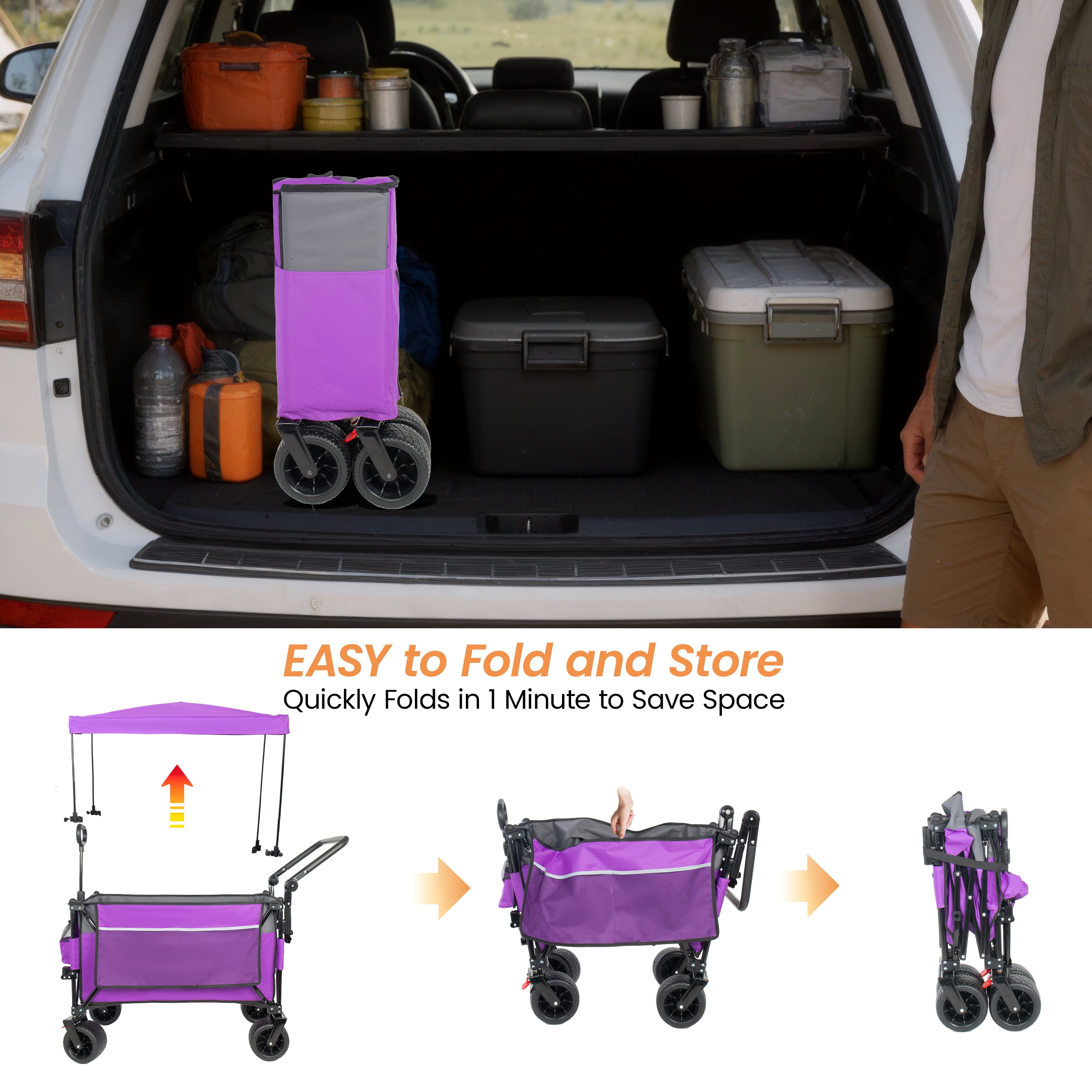 Multi-Functional Push-Pull Folding Wagon Cart Purple, Rotating Handle & Canopy, 7''x4'' Wheels with Brakes, 480lbs 300L for Outdoor, Groceries, Transport
