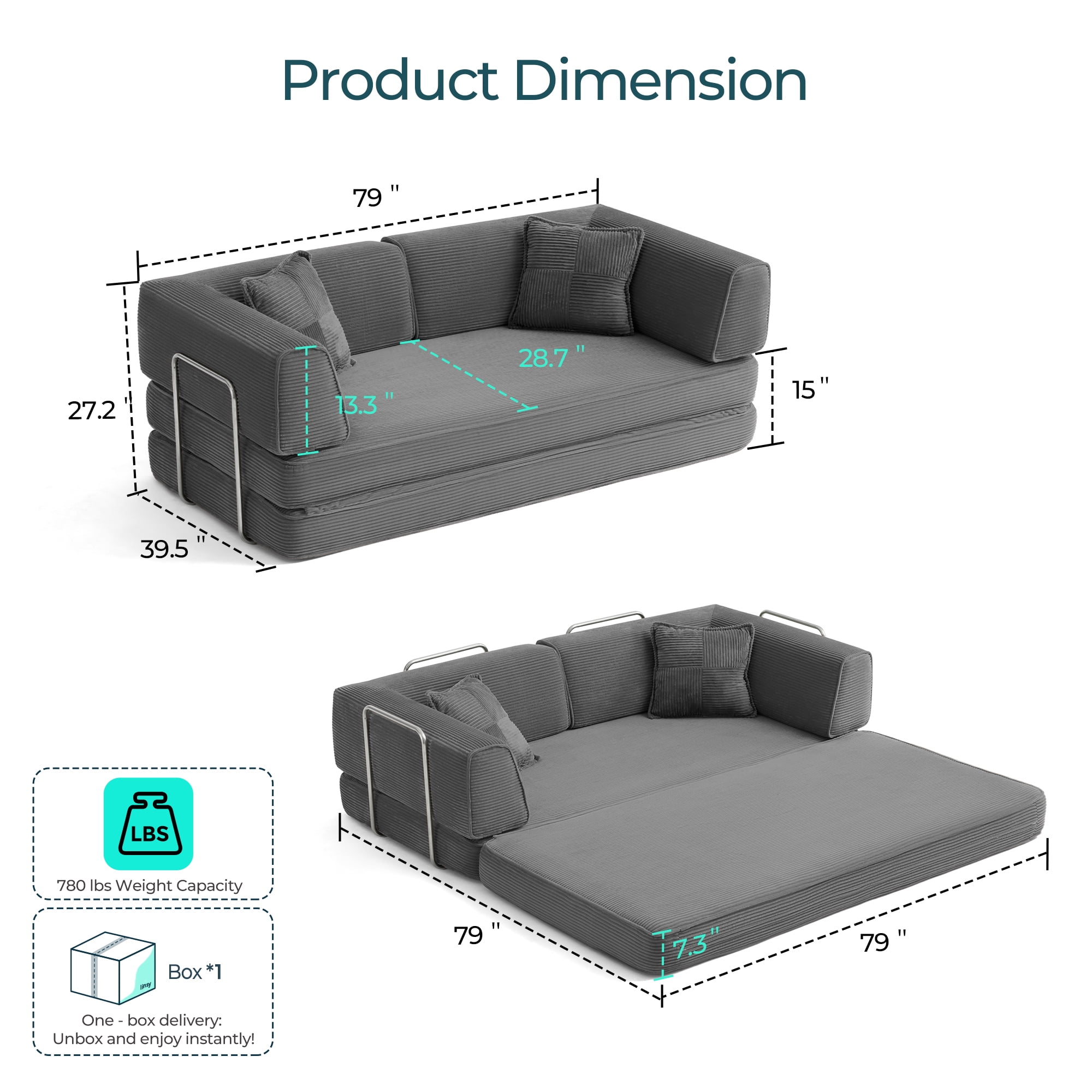 Linsy Home Oversized Corduroy Futon Sofa Bed Couch, Convertible Boneless Cloud Couch Bed, King Size Sleeper Sofa Bed With Fixed-Shape Frame, No Assembly Required, Dark Grey