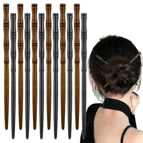 2 Colors Wooden Hair Sticks,10 PCS Hair Pins for Buns,Bamboo Shape Hair Sticks for Women,Retro Pins Holders for Long Hair, Wooden Hairpin Headdress (Black, Khaki)