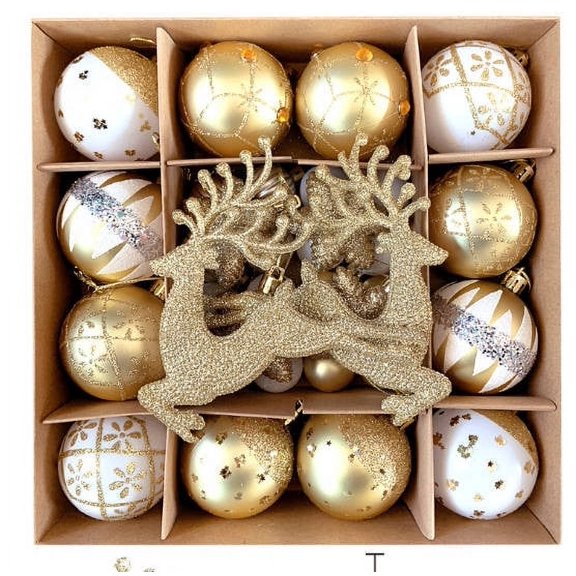 Christmas Ornament Set - White And Gold Reindeer Design With Glittery Baubles For Christmas Tree Decoration, Holiday Party, Home Festive Display