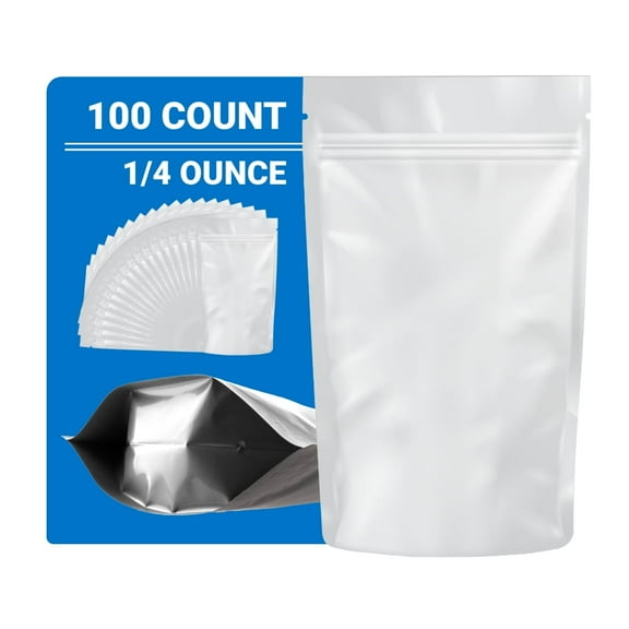 Loud Lock Mylar Bags 1/4 Ounce All White - 100 Count 6.7" x 4" - Resealable Food Storage Mylar Bags