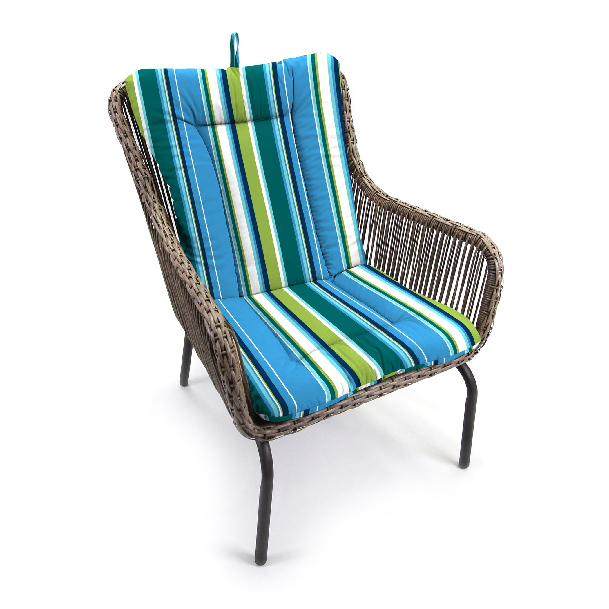 Jordan Manufacturing 38" x 21" Covert Capri Blue Stripe Rectangular Outdoor Wrought Iron Chair Cushion with Ties and Hanger Loop