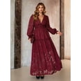 thumbnail image 4 of Burgundy Elegant Jacquard V-Neck Ruched Maxi Dress With Lantern Sleeves, 4 of 8