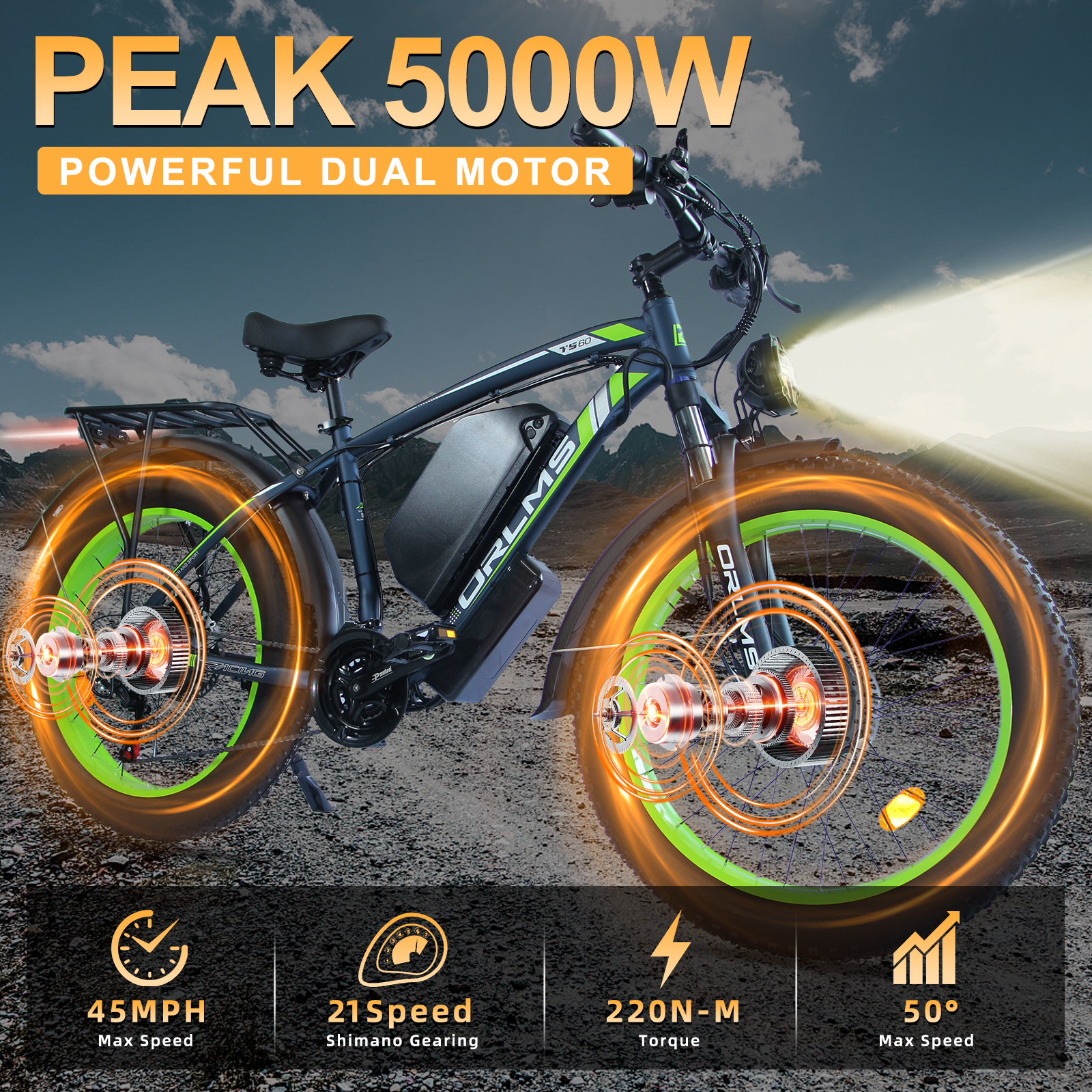 5000W Peak Dual Motor E-Bike, 60V 25AH Battery Electric Bike for Adults, 45MPH Mountain AWD 21-Speed Snow E-Bike with 26" x 4.0 Fat Tire, Long Range Mountain Dirt Off-Road