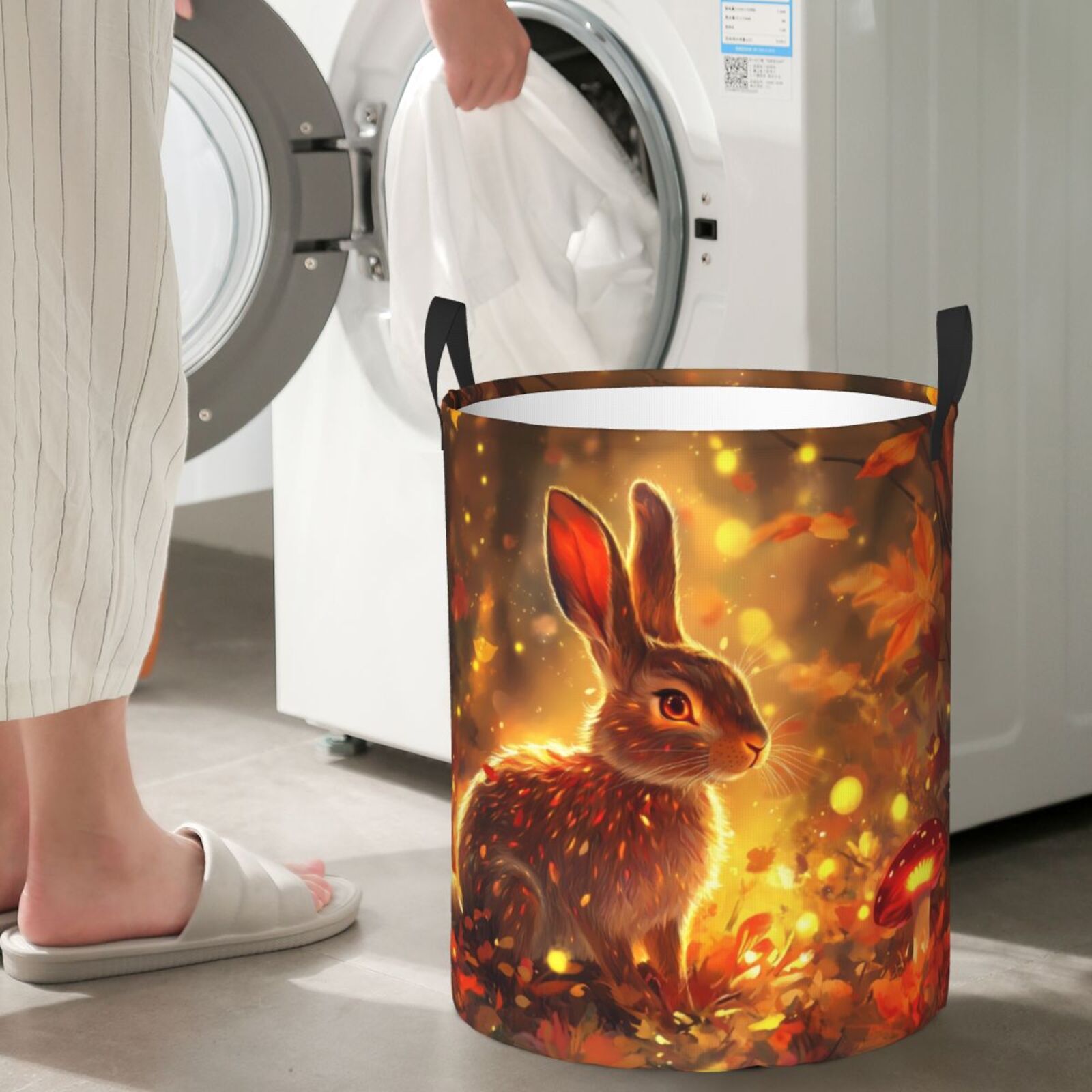 Large Laundry Basket with Handles - Autumn Cute Maple Leaf Rabbit Kids Baby Dirty Clothes Laundry Hamper for Bedroom Aesthetic