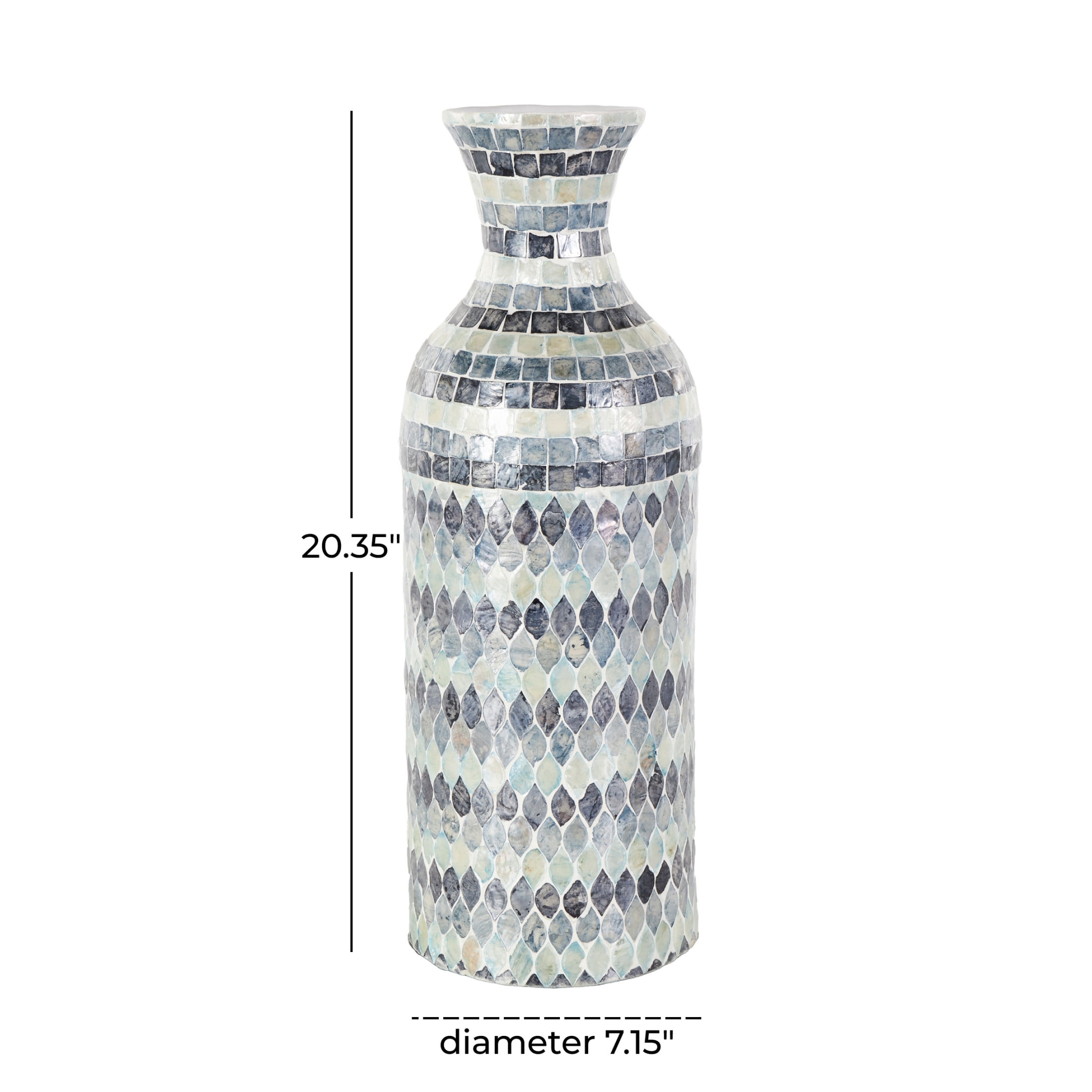 DecMode 20" Handmade Mosaic Blue Mother of Pearl Shell Vase with White Interior