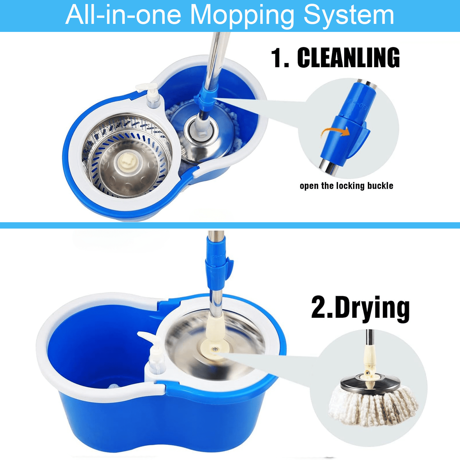 Mop And Bucket With Wringer Set, 360° Mop Bucket Floor Cleaning System 3 Microfiber Replacement Mop Head Refills 61 Adjustable Stainless Steel Handle 2x Wheel H