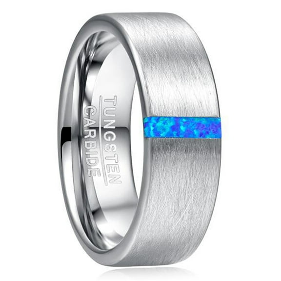 8mm Men's Silver Brushed Tungsten Rings Wedding Band with Blue Created-Opal Size 7-12