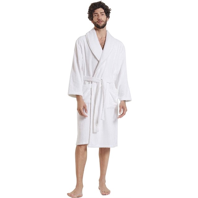 Men's Robe Terry Cotton Bath Robes Shawl Collar Soft Bathrobe Calf Length Spa Shower Loungewear
