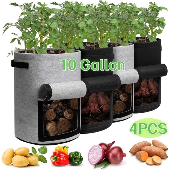 WLGJL Potato Grow Bags with Flap 10 Gallon, 4 Pack Planter Pot with Handles and Harvest Window for Potato Tomato and Vegetables, Black and Gray