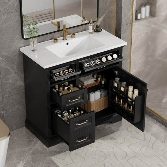 36" Bathroom Vanity with Ceramic Sink Top, Bathroom Vanity Storage Cabinet with Tip Out Drawers and Soft-Close Door, Freestanding Storage Cabinet, Black