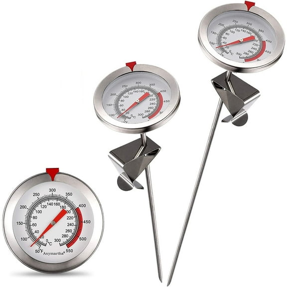 GIXUSIL 2 Pieces Deep Fry Thermometer Instant Read 2.1 Inch Dial Thermometer 12 and 15.75Inch Stainless Steel Thermometer with Metal Retaining Clip for Turkey, BBQ, Grill, Beef, Lamb