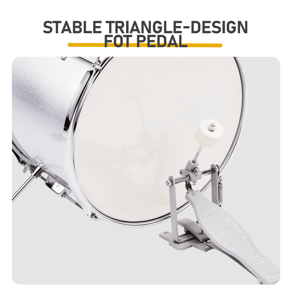 Tcbosik 5-Piece Beginner Drum Set Junior Kit with Bass Drum, Tom Drum, Floor Drum and Snare Drums, Starter Percussion with Stool, Pedal, Cymbal and Sticks, Silver