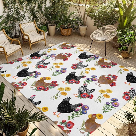 Farmhouse Rooster Outdoor Rug for Patio/Deck/Porch, Non-Slip Large Area Rug 5 x 7 Ft, Country Watercolor Flowers Wood Grain Indoor Outdoor Rugs Washable Area Rugs, Camping Rug Carpet Runner