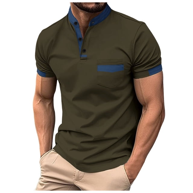 HBFAGFB Men's T-Shirts Button Down Short Sleeved Top Work Shirt Slim Comfortable Blouse Green Size M