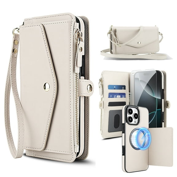 Dteck Crossbody Wallet for iPhone 11 with Detachable Magnetic Phone Case, Compatible with MagSafe, RFID Blocking PU Leather Flip Cover Wrist Strap Zipper Card Holder Slots,White
