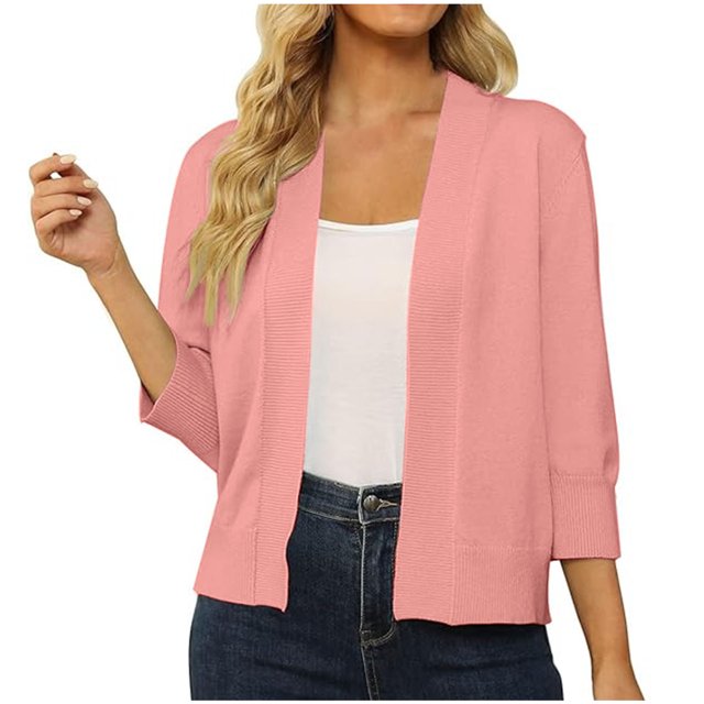 KIHOUT Cardigan Court Ouvert à Manches 3/4 Classique pour Femmes Léger en Tricot