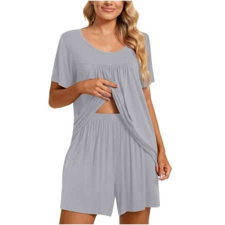 

Womens Pajama Sets 2 Piece Lounge Matching Sets Crewneck Pleated Short Sleeve Blouse and Shorts Comfy Sleepwear Homewear