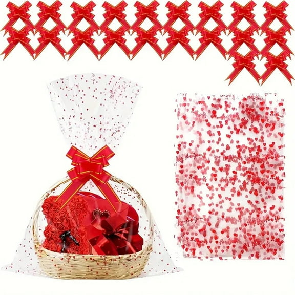 20 Pcs Cellophane Bags for Valentine's Day Mother's Day Gifts - 20x28" with 20pcs Pull Bows for Gift Packaging, Baskets, Cake, Wine Bottle, Plush Toys and More