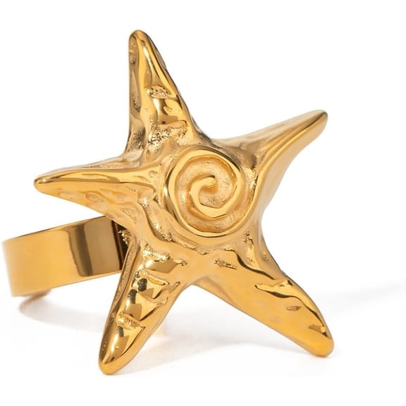 Vintage Starfish Statement Ring for Women Gold Plated Stainless Steel Fashion Adjustable Ocean Sea Style Open Wrap Finger Rings Comfort Fit Chic Holiday Summer Party Jewelry Dainty Gift