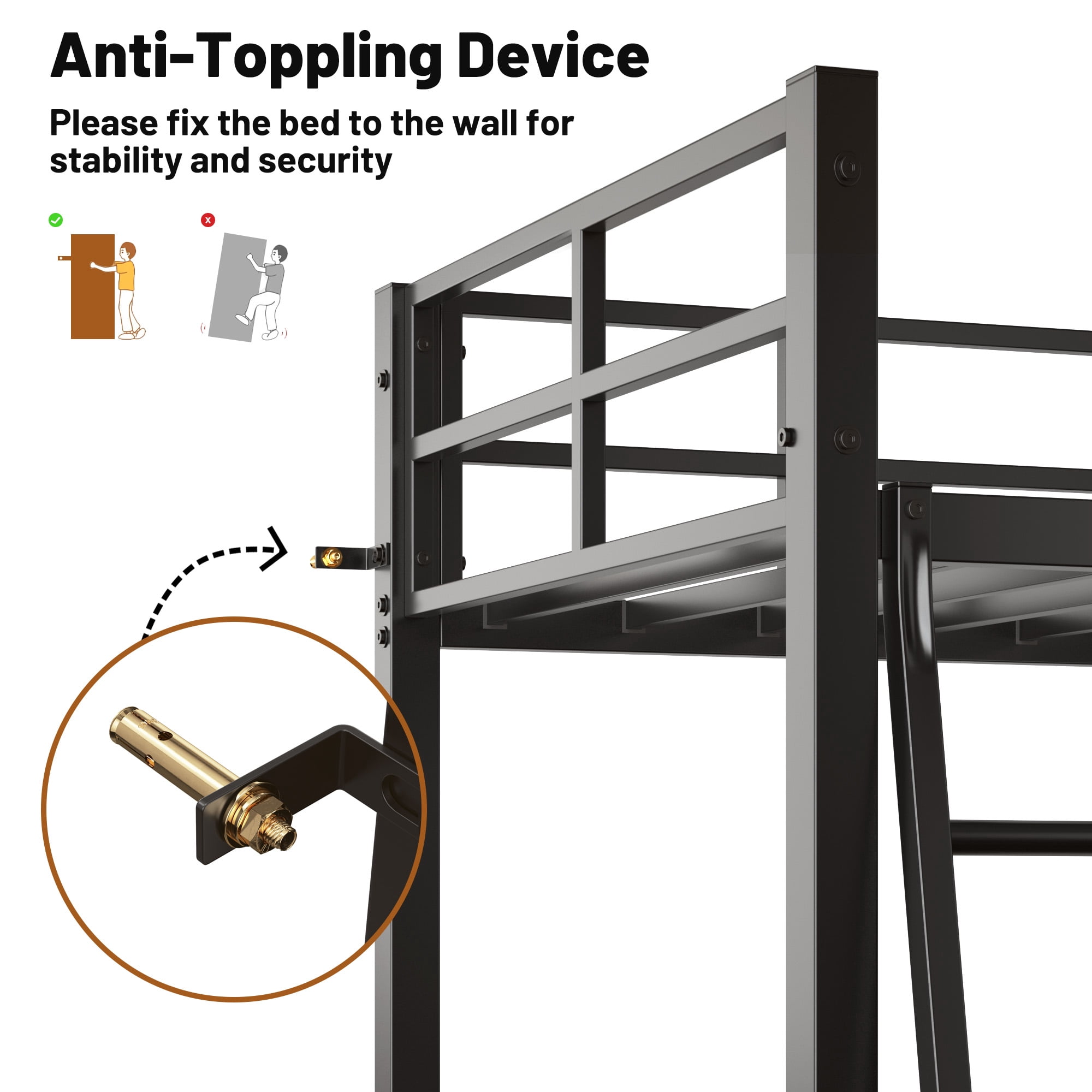 Twin Loft Bed with Desk, Metal Loft Bed Frame with Ladder and Charging Station, Full-Length Guardrails and Sloped Staircase, 400 Lbs Capacity, No Box Spring Needed for Kids Bedroom, Black